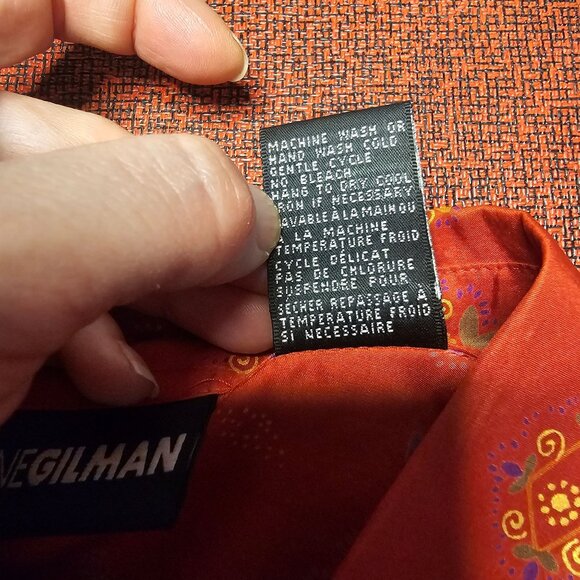 VTG Diane Gilman Red Silk Button Up Shirt L Boho Floral Print Hidden Button - Picture 9 of 10